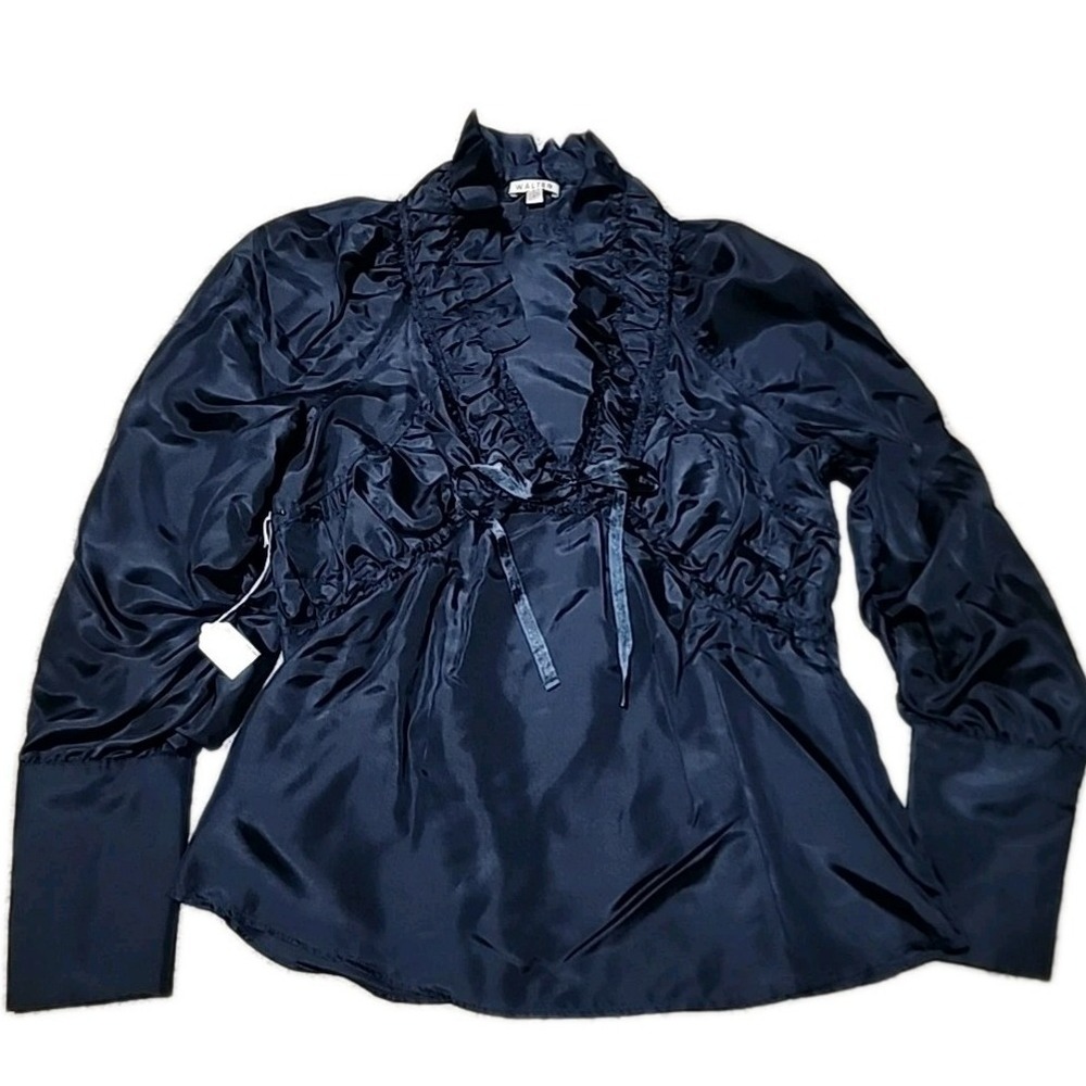 Walter Silk Blouse S Navy Blue Ruffles Long Sleeve V-Neck Bow Preppy Classic